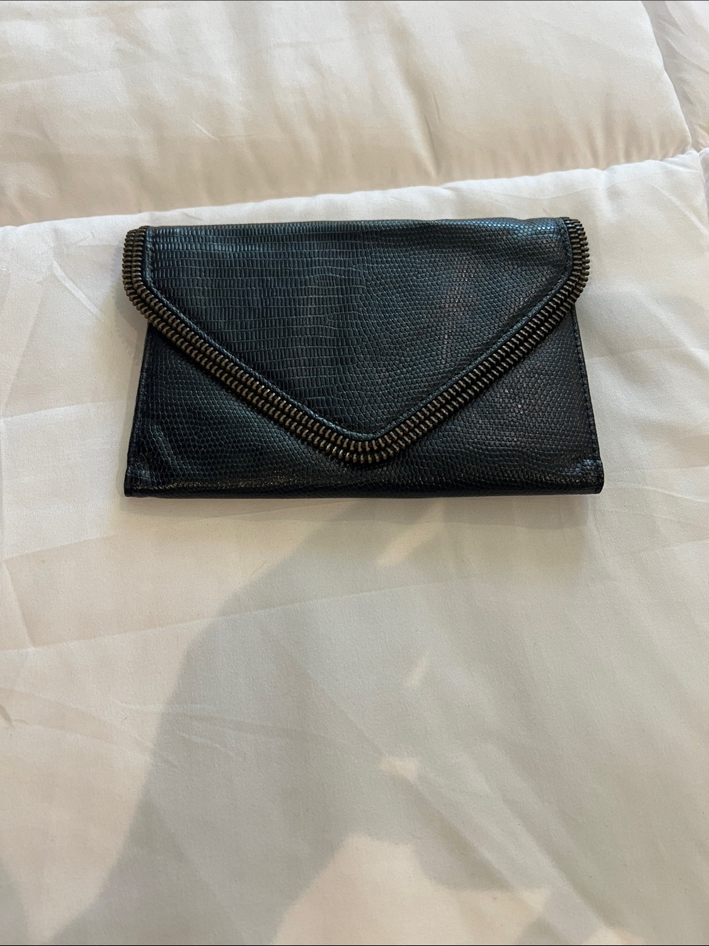 VEGAN LEATHER Black Envelope Clutch with Chain Trim